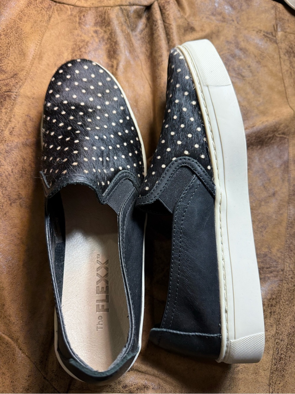 74. THE FLEXX Black Slip-On Sneakers with White Polka Dot Calf Hair Upper
